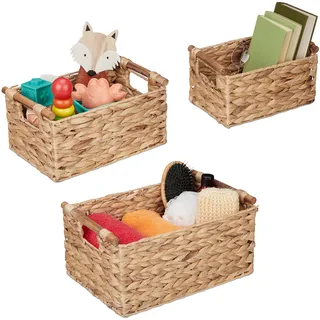 Relaxdays Aufbewahrungskorb Wasserhyazinthe, 3er Set, Körbchen in 3 Größen, Badezimmer Aufbewahrung, Flechtkörbe, Natur