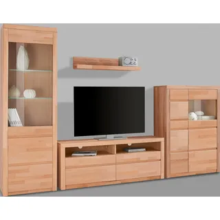 OTTO home Wohnwand OTTO HOME "Silkeborg: 4-teilig, Breite: 290cm, Griffmulden, Fronten Massivholz", beige (kernbuche teilmassiv), Holzwerkstoff Kernbuchefarben (Korpus)/ Massivholz Kernbuche (Front), Holz teilmassiv, Kastenmöbel-Sets, Wohnwand, Set besteht aus 1 