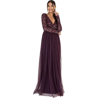 Maya Deluxe Damen Ladies Maxi Dress for Women with Long Sleeves V Neckline Plunging Sequin Embellished for Wedding Guest Bridesmaid Prom Kleid, Berry,