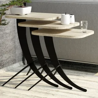 Hanah Home Elegant Nesting Table Set (3 Pieces), Travertine Marble Finish, 100% Melamine Coated, 18mm Thick | Perfect for Modern Living Rooms & Offices