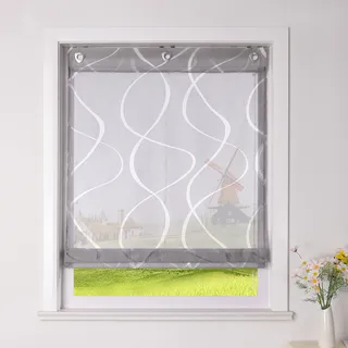 CORLIF Raffrollo Ausbrenner Gardinen Küchen Raffgardinen Landhaus Transparente Ösenrollo mit Wellenmuster Kurzvorhang Modern Rollos mit Ösen Grau BxH 100x140 cm 1 Stück