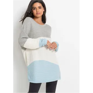 Longpullover BONPRIX, Damen, Gr. 48/50 (XL), grau (hellgrau meliert, wollweiß, eisblau gestreift), Strick, Obermaterial: 50% Baumwolle, 50% Polyacryl, gestreift, oversize ca. Mitte Oberschenkel, Rundhals, Pullover Longpullover, aus Baumwollmischung, mit Rundhalsausschnitt, lange Form