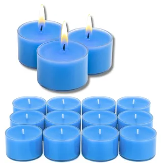 Candelo XXL Duftteelichter Wellness 12er Set aus Sojawachs – Meerblaue Jumbo Teelichter, frischer zitrisch-aquatischer Duft, 8h Brenndauer, Ø 3,7 cm, Höhe 2,7 cm – Duftkerzen
