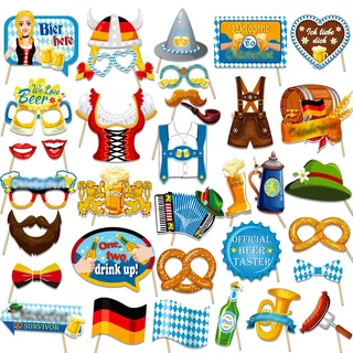 HOWAF 35 Stück Oktoberfest Foto Requisiten Oktoberfest Deko, Bayrisch Fotorequisiten Lebkuchenherzen Bayern Hut Schnurrbart Brille Photo Booth Props für Bayrisch Deko Oktoberfestdek
