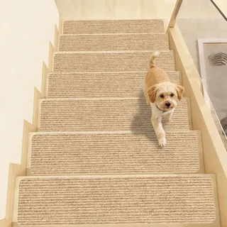 15 Stück Treppenstufen Matten, 55x22 cm Treppenmatten, Beige Türmatte Wasserabweisend, Rechteckig Selbstklebend Antirutsch Treppe Stufenmatten Innen, für Schützen Haustiere, Senioren Kinder