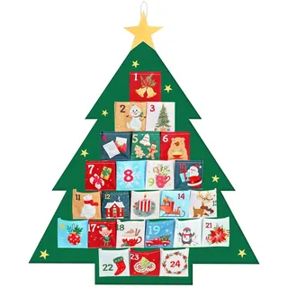 HOWAF Adventskalender zum Befüllen, Weihnachtsbaum Weihnachtskalender 2025 Advent Calendar zum Aufhängen aus Stoff für Weihnachtsdeko, mit 24 Taschen 10x10cm, C
