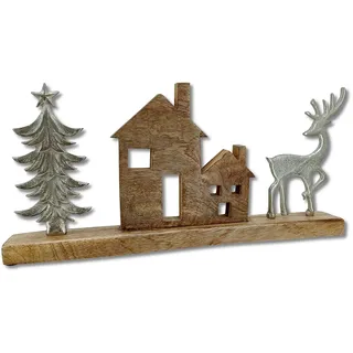 Mango-Holz und Metall Figur Häuser, Baum und Rentier braun Silber 46 x 22cm Dekofigur Wald-Deko Tisch Dekoration