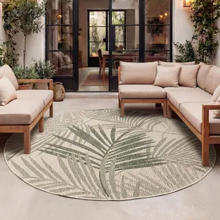 Outdoor Teppich Rund - Tiga Palm Grun - Ø 200 cm - Wohnzimmer, Esszimmer, Balkon, Garten, Terrasse, Flur - FRAAI | Home & Living - Boho - Grün, Beige
