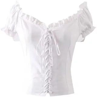 Trachtenbluse Damen Weiß Trachten Bluse Kariert Kurzarm SchnürungTrachtenmode Karohemd Festliche Bluse
