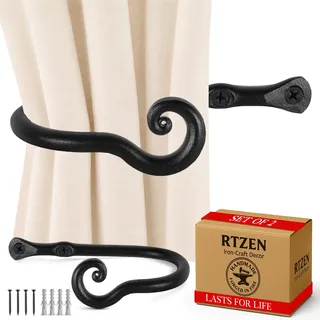 RTZEN Kleine Wandvorhanghalter – Bauernhaus-Vorhanghaken – Schwarze Schmiedeeiserne Raffhalter – 2 Stück