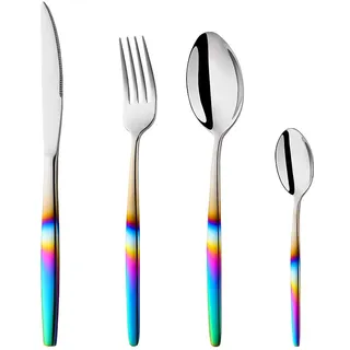 BISDARUN Edelstahl-Besteck für 1 Personen regenbogenfarbener Griff schillerndes Besteck-Set 4-teilig umweltfreundliches Besteckservice Geschirr-Set für Party Outdoor Camping Reisen Spülmaschinenfest