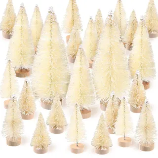SATINIOR 60 Stück künstlicher Mini-Weihnachtsbaum Sisal Schneebäume Flaschenbürste Weihnachtsbäume Tannenbäume Ornamente mit Holzsockel für Weihnachten Party Zuhause Dekoration 4 Sizes weiß