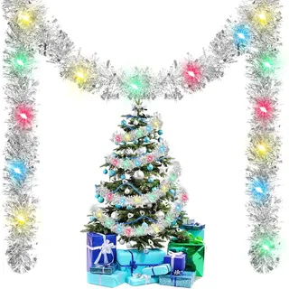 Weihnachtsgirlande mit Beleuchtung 5m Girlande Weihnachten Beleuchte Weihnachtsbaum Lametta Girlande mit LED Christbaumgirlanden Silber Christmas Garland with Lights für Innen & Außen