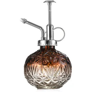 KoGiio Pflanzen Glas Sprühflasche, 240ml Retro Relief Pflanzensprüher mit Pumpe, Blumen Zerstäuber Drucksprüher für Balkon Kleiner Gartenpflanzen Indoor Haus Oder Büro Kaffeefarbe + Silber Sprühkopf