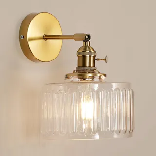 GreeLustr Wandbeleuchte Loft-Wandlampen Gold Vintage Wandlampe mit Schalter, Wandleuchte Innen E27 Nachttischlampe Wand Drehbare für Schlafzimmer Flur Wohnzimmer, Laternenform Klares Glas 17.5cm