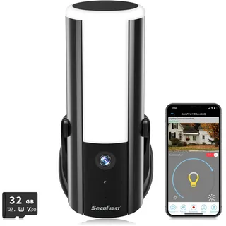 SecuFirst Überwachungskamera Aussen mit LED Außenleuchte, mit Bewegungsmelder,Dimmbare Helligkeit (900lm),Aluminium Kamera Überwachung Outdoor,KI-Erkennung,WLAN, 2K, 32GB SD-Karte,