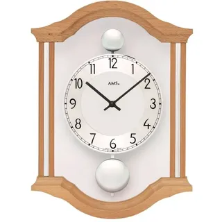 AMS 7447/18 Wanduhr Quarz analog Pendel Doppelpendel Holz Buche massiv mit Glas - Braun