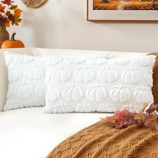 JOTOM 2er Set Kürbis Kissenbezüge, Plüsch Kurze Wolle Dekorativ Zierkissenbezüge Herbst Boho Kissenhüllen Sofakissen Moderne Kissenbezug Herbstdeko für Wohnzimmer Garten (40x60cm, Weiß)