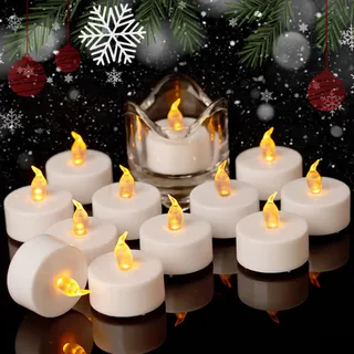 Auralome Led Teelichter Kerzen - Elektrische Batterie Flammenlose Teelicht Lange Dauer 200 Stunden Flackernde Outdoor Flamme Klein Kerze Elektrisch Licht für Halloween Partys Deko Warm Gelb 12 Stück
