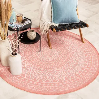 In- & Outdoor Teppich Rund - Summer Azteca Rosa - Ø 120cm - Boho, Ländlich, Modern - Balkon, Garten / Terrasse - FRAAI | Home & Living - Rosa