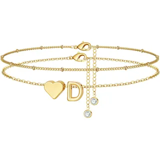 TINGN Fußkettchen für Damen, 14K Gold Vergoldete Herz Fußkettchen Damen Gold Layered Buchstaben D Fussketten für Frauen Wasserfest Sommer Strand Fußschmuck Geschenke für Frau Frauen Teenager Mädchen