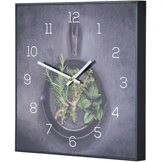 Wanduhr 30x30cm Uhr PVC Rahmen Schwarz Küche Kräuter Pfanne Wanddeko Küchenuhr - Schwarz