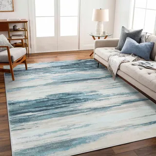 Tinyboy-hbq Teppich Wohnzimmer Kurzflor Teppich Schlafzimmer Modern rutschfest Wohnzimmer Teppich Weich Großer Teppiche für Esszimmer Gestreiftes Design (Abstrakt Blau, 200 x 250 cm)