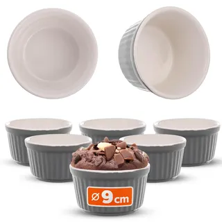 KADAX Soufflé Förmchen Set, 6 Stück, Ø 9cm Crème Brûlée Schälchen, kleine Ofenförmchen aus Keramik für Creme Brulee, Souffle & Ragout Fin (Grau)