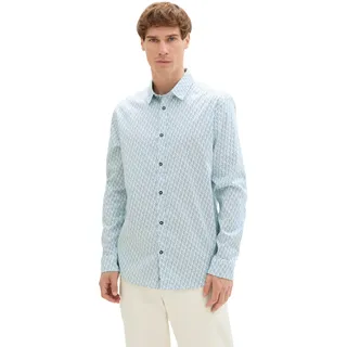 TOM TAILOR Herren Tailliertes Satin Hemd mit Allover Print, blue squared design, XXL
