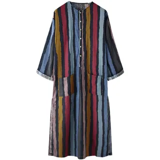 FUIW Men Bunte gestreifte Kaftan Robe Arabische Knöpfe Lose Tuic Tops - Rot # XL