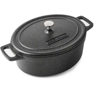 ESEVOLO Bräter Oval mit Deckel groß Schmortopf Induktion 31 cm 6,3 L Brot Backen Dutch Oven Stil, leichter als Gusseisen Topf, Aluguss mit PFAS-Frei Antihaftbeschichtung, für Schmoren Braten, Schwarz