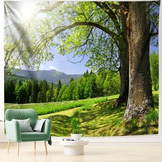 Dsnyu Wandteppich 200x200, Wandteppich Sonne Bäume Grün Wandbehang Natur Landschaft Polyester Wanddeko Schlafzimmer Modern