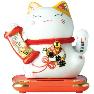 Jade Temple Maneki Neko Winkekatze Weiß mit Banner, solarbetriebene winkende Katze, japanischer Glücksbringer, asiatisches Deko-Objekt, Kunststoff, 10cm Höhe, 9,7cm Durchmesser, 1 Stück