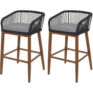 Mendler 2er-Set Rope-Barhocker HWC-O22, Outdoor Sitzpolster Seilgeflecht Metall Holz-Optik anthrazit, Kissen hellgrau