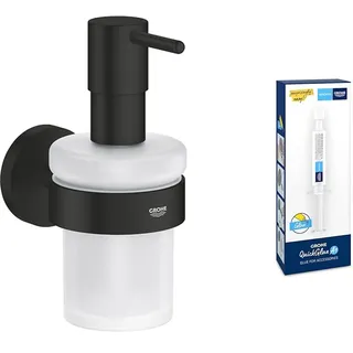 GROHE Start - Glas mit Halter- Set (Material: Glas/Metall, inkl. QuickGlue A1: Klebeset für einen Klebepunkt, verdeckte Befestigung), matt schwarz, 411952430