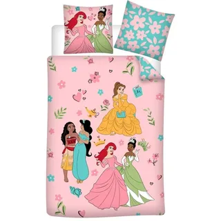 Wende Bettwäsche-Set Disney Prinzessinnen 100% Baumwolle, Bettbezug 135 x 200 cm, Kissenbezug 80 x 80 cm