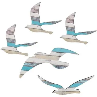 Unyqoos® Maritime Wanddeko 5‐teilig in Holzoptik – Vintage Holzvögel Blau/Weiß/Gelb, inkl. 40 Klebepunkte & 10 Dreieckhaken