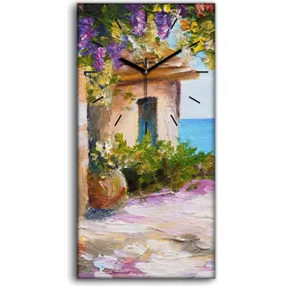 Wandbild Leinwand Bilder Wanduhr Quarz 30x60 Haus am Meer bunt Blumen Sommer - schwarze Hände