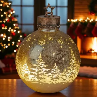 Formano LED Deko-Kugel Frosty Gold 35 cm Glaskugel in Ice-Optik Timer 6h / 18h - Batteriebetrieben - Herbst Winter Weihnachtsdeko für Tisch Regal Fensterbank