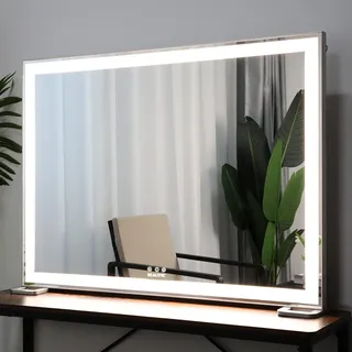 BEAUTME Schminkspiegel mit Beleuchtung,Großer Hollywood-Spiegel mit Licht, Kosmetikspiegel mit 10-facher Vergroßerspiegel Wandspiegel Tischspiegel,Theaterspiegel (Silber-68×92cm)