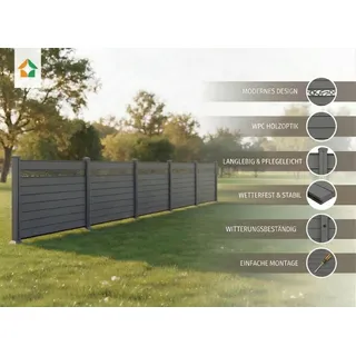 WPC‐Sichtschutzzaun Valla – 5 Elemente 6 Pfosten mit Dekorleisten, ca. 9,1×1,9 m - Grau