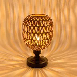 EcoGehen Tischlampe Boho Klein Kabellos Stehlampe Ohne Kabel Rattan Lampen ohne Strom Nachttischlampe Akku Lampe Outdoor Tischleuchte USB Aufladbar Wetterfest Dimmbar Tischlampen für Nachttisch Tisch
