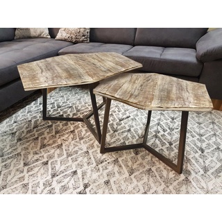 kreatives Wohnen Couchtisch Set 2 Stück Wohnzimmer Tisch Satztisch Paris Metall-Gestell schwarz Silbergrau weiß gekälkt, Holz, Extra breit