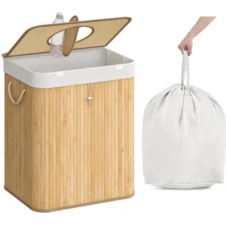 SONGMICS Pfandflaschen-Sammelbehälter, 95 L Pfandflaschen-Behälter, Bambus, Flaschensammler Leergut, Recycling-Behälter, mit Loch, Deckel, Innensack mit Griffen, Küche, naturbeige RRB060Y01