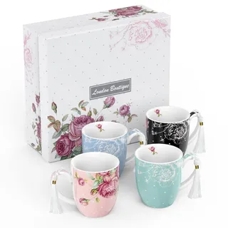 London Boutique Tassen Tassen Geschenk Set China Tassen 4er Set Vintage Shabby Chic Flora 4 Farben Geschenk für Frauen 350ml (Rosen)