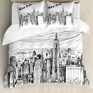 ABAKUHAUS New York Bettbezug, Vintage Hand gezeichnete Stadt, Milbensicher Allergiker geeignet mit Kissenbezügen, 155 cm x 220 cm - 80 x 80 cm, Charcoal Grau Weiß - Weiß