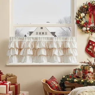 TOPICK Scheibengardinen Küche Beige Leinen Bistrogardine mit Tunnelzug Rüschig Volant für Wohnwagen kinderzimmer Landhausstil Vintage Shabby Chic Gardinen Kurz Lichtdurchlässig 1er Set 125Bx45HCM