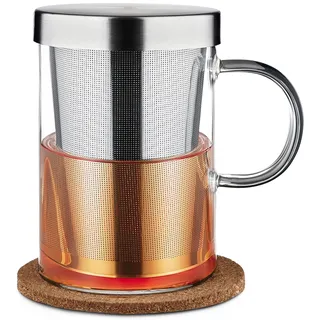 Cosumy Teetasse mit Deckel und Sieb - Teeglas mit Sieb, Henkel & Untersetzer 400ml - Teebecher Groß aus Borosilikat Glas - Feinmaschiger Filter - Geschenk für Teetrinker - Teezubereiter