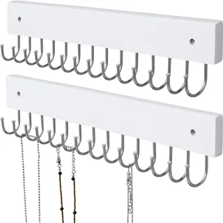 SCUNDA Hängender Schmuck-Organizer zur Wandmontage, modernes Schmuckdisplay mit 28 Haken, dekorativer Halskettenhalter für die Wand, platzsparende Halskettenhaken (2 Packungen, weiß)