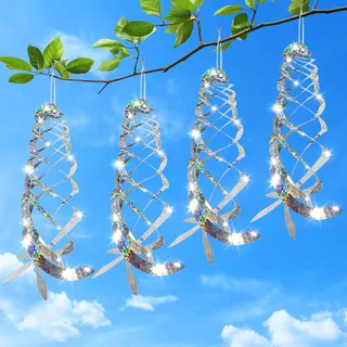 4 Stück Vogelabwehr Windspiel Vogelschreck Windspiel Taubenabwehr Vogelabwehr Spirale Doppelseitig Reflektierende Vogelschreck für Garten, Obstgarten, Höfe, Balkon